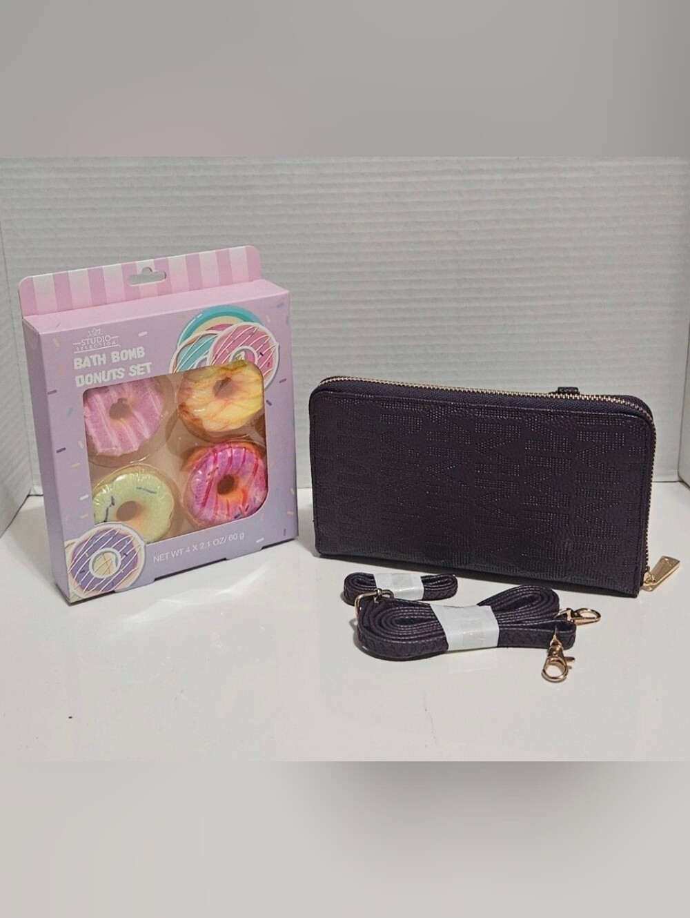 MKF Collection Purple Caddy Phone Wallet Crossbody and 4 Pack Of Bath Bombs.